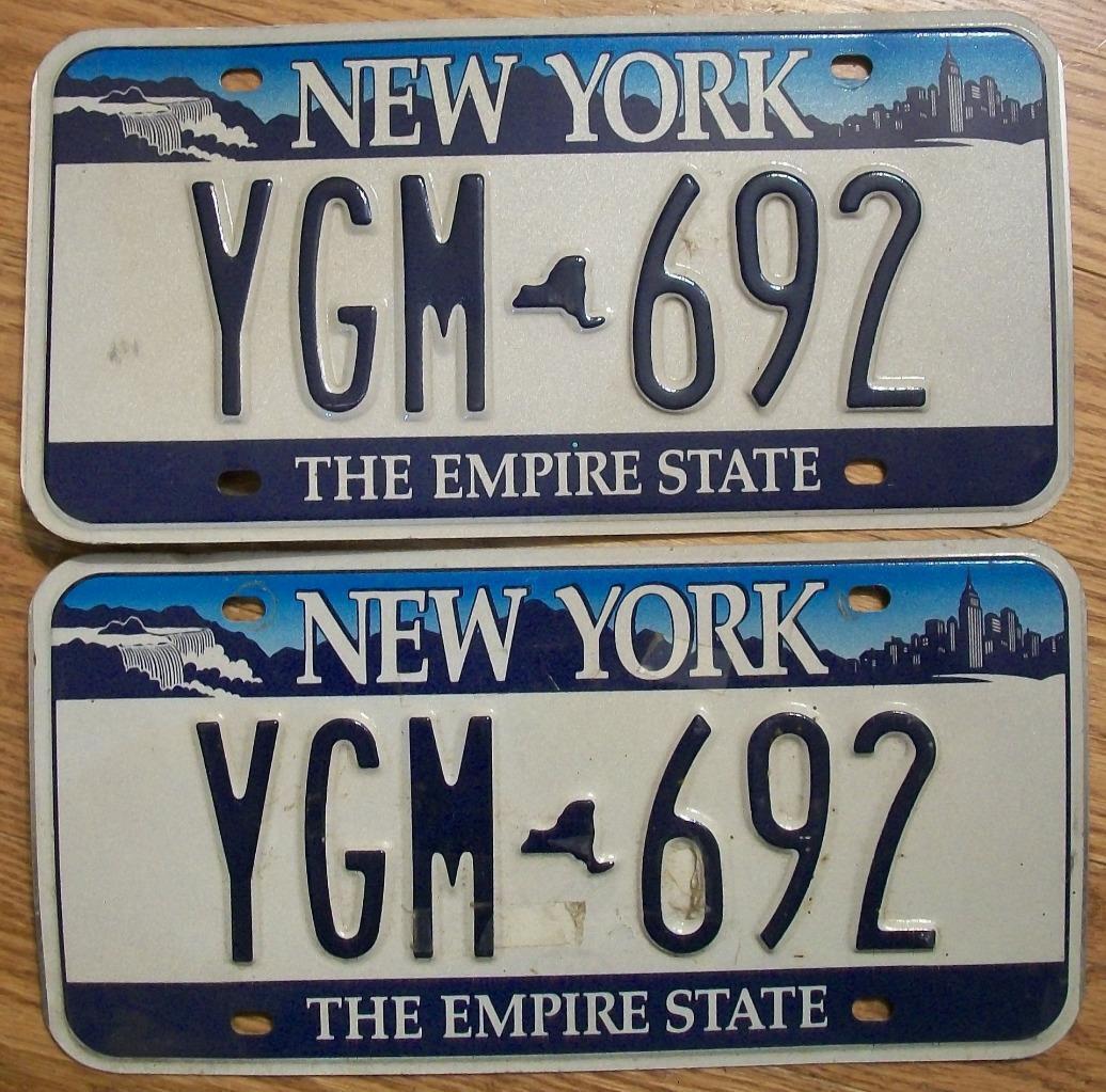 MATCHED PAIR of NEW YORK LICENSE PLATES - YGM-692 - THE EMPIRE STATE