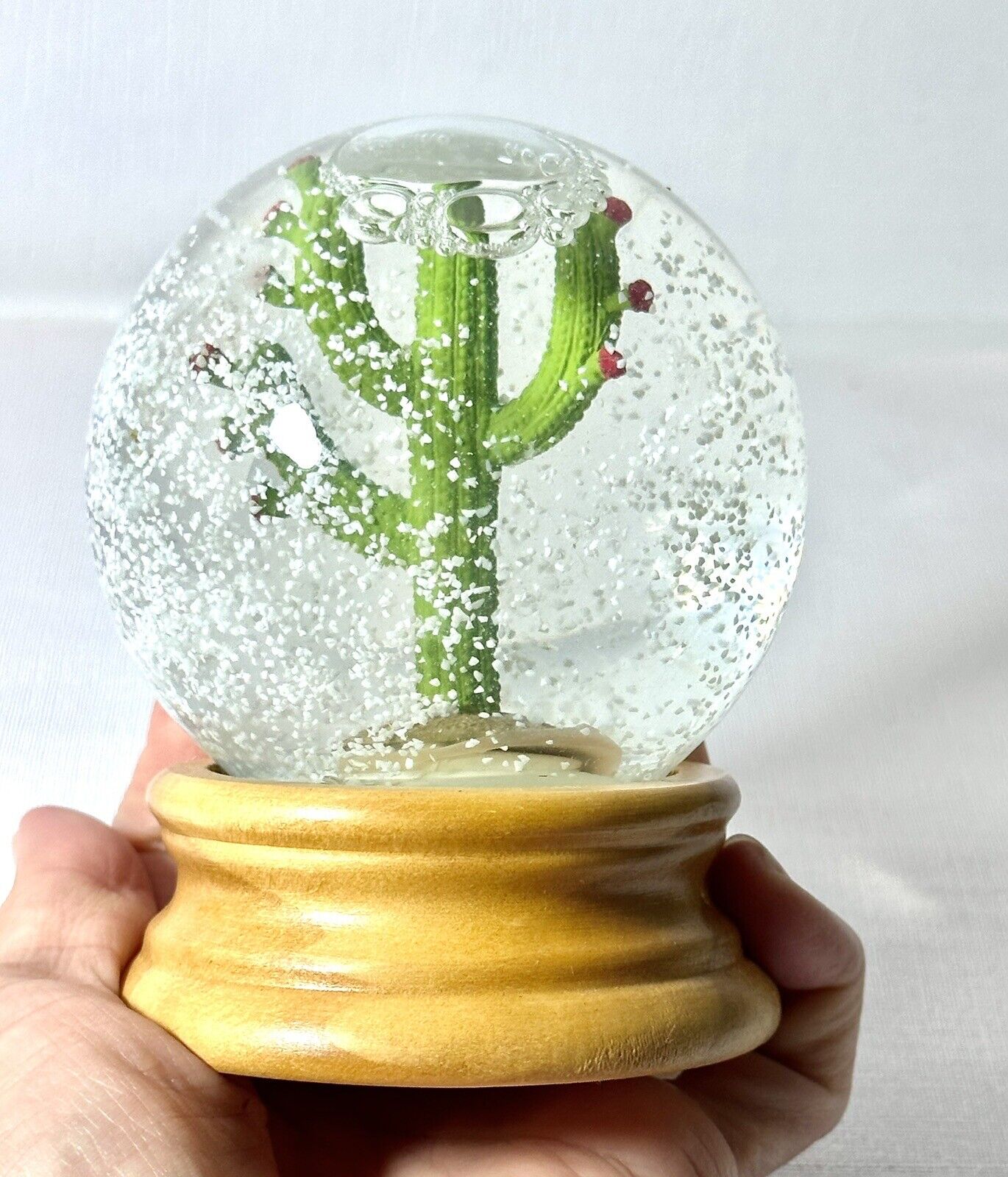 Unique Glitter Snow Globe Cactus Red Blossoms Holiday Wooden Gold Color Base ￼AZ