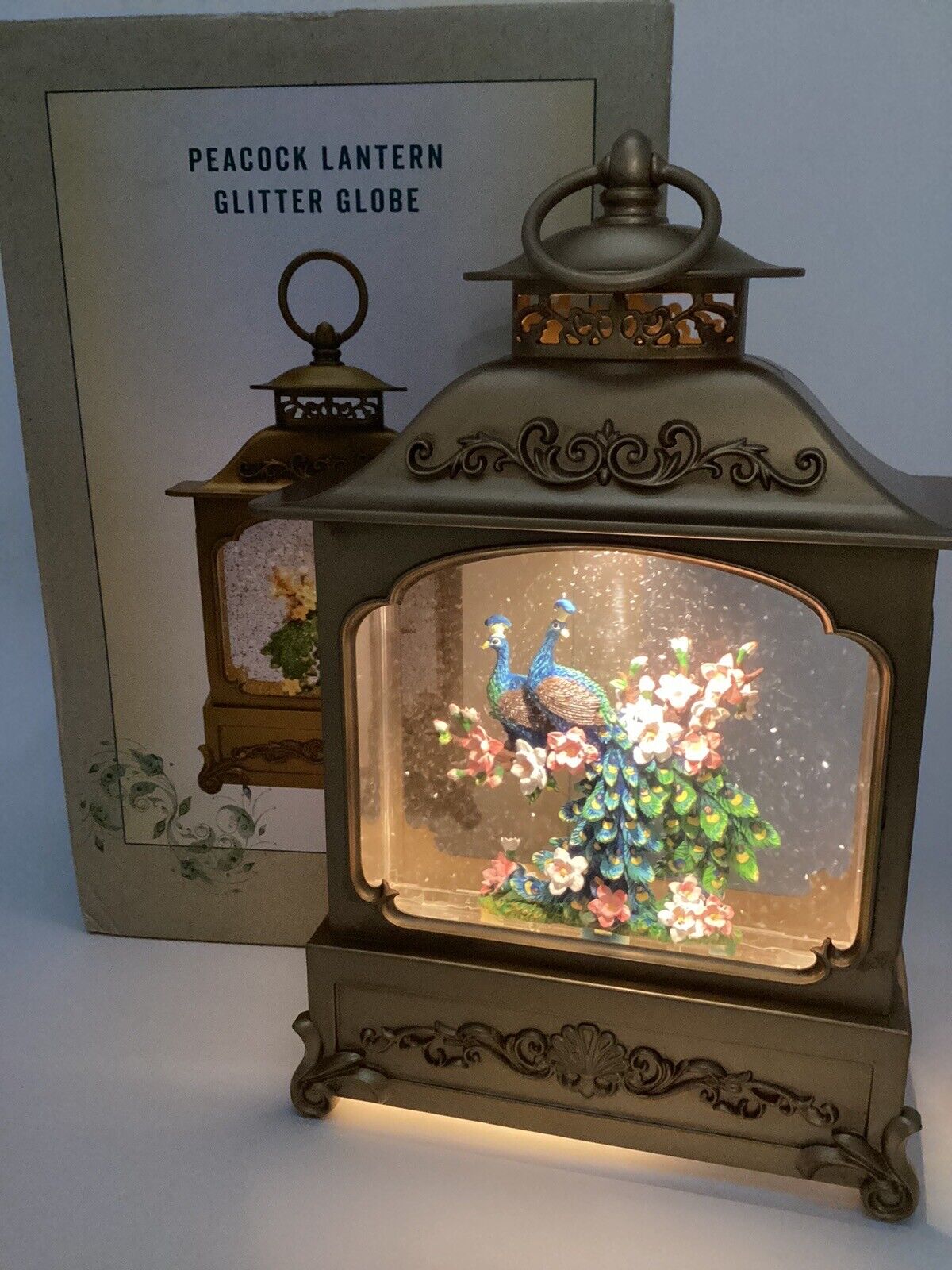 Cracker Barrel Peacock Lantern Glitter Globe #780512 Gold Birds Flowers Box