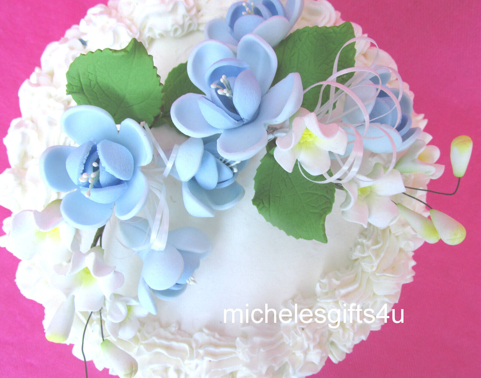 Gum Paste Sugar Pastel Blue Roses Leaves & Ribbon Cake Decorating Flowers