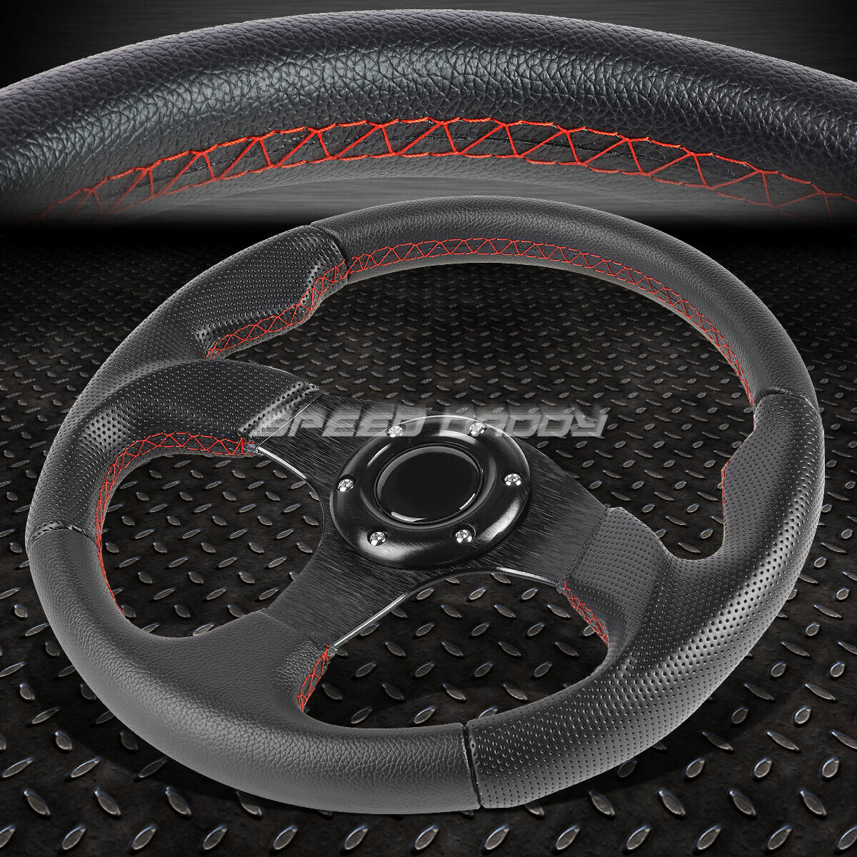 320MM BLACK SPOKE RED STITCH LIGHTWEIGHT 6-BOLT LEATHER RACING STEERING WHEEL