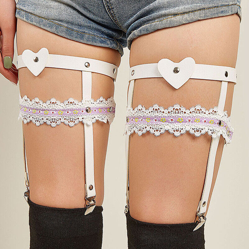 2X Lady Leg Ring Garter Faux Leather PU Mesh Lace Accessory Sexy JK Gothic Retro