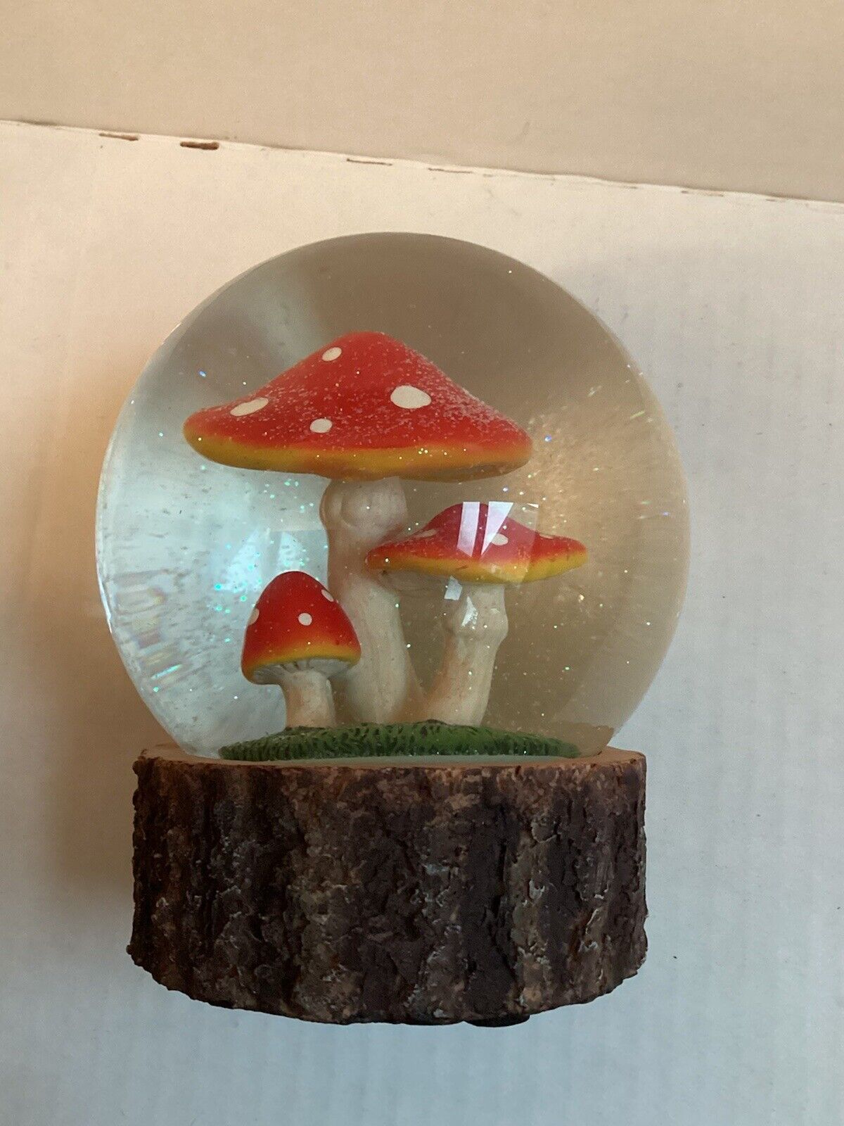 Mushroom Water Globe with /Swirling Lighted Glitter on Wood Resin Base