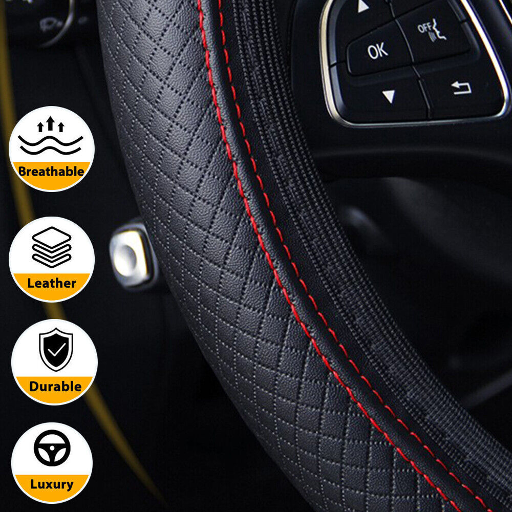 Black Red Leather Car Steering Wheel Cover Breathable Anti-slip Car Accessories