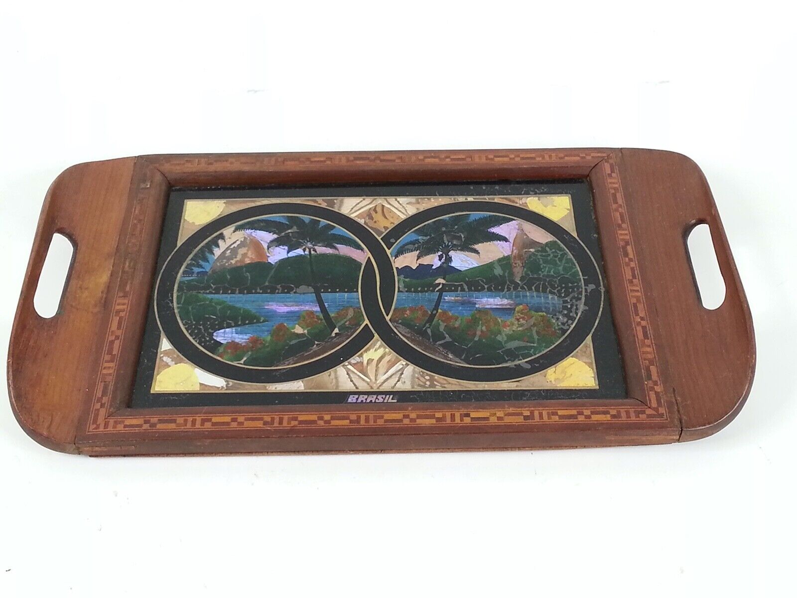 Vintage Butterfly Wing Art Wood Inlay Serving Tray Brazil Palm Tree Tropics