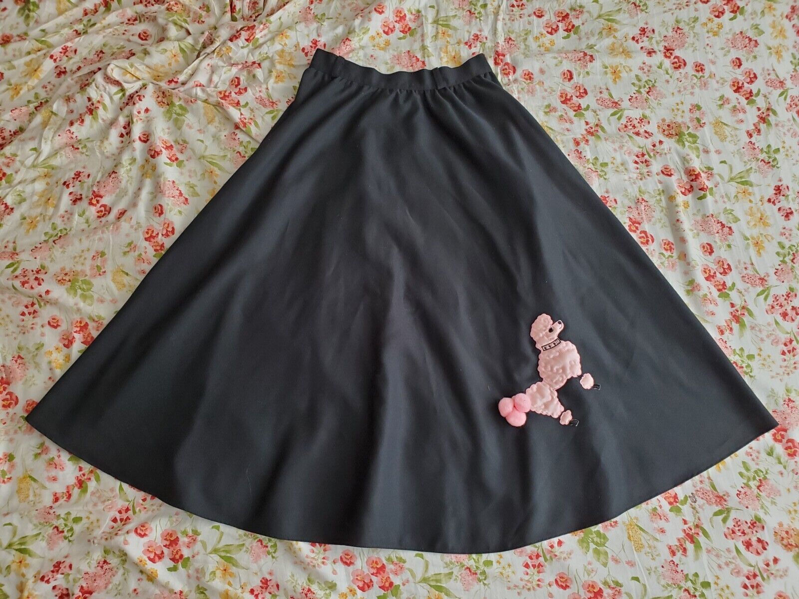 Vintage 1950s POODLE SKIRT Black Pink Knee Length Size 7/Waist 24