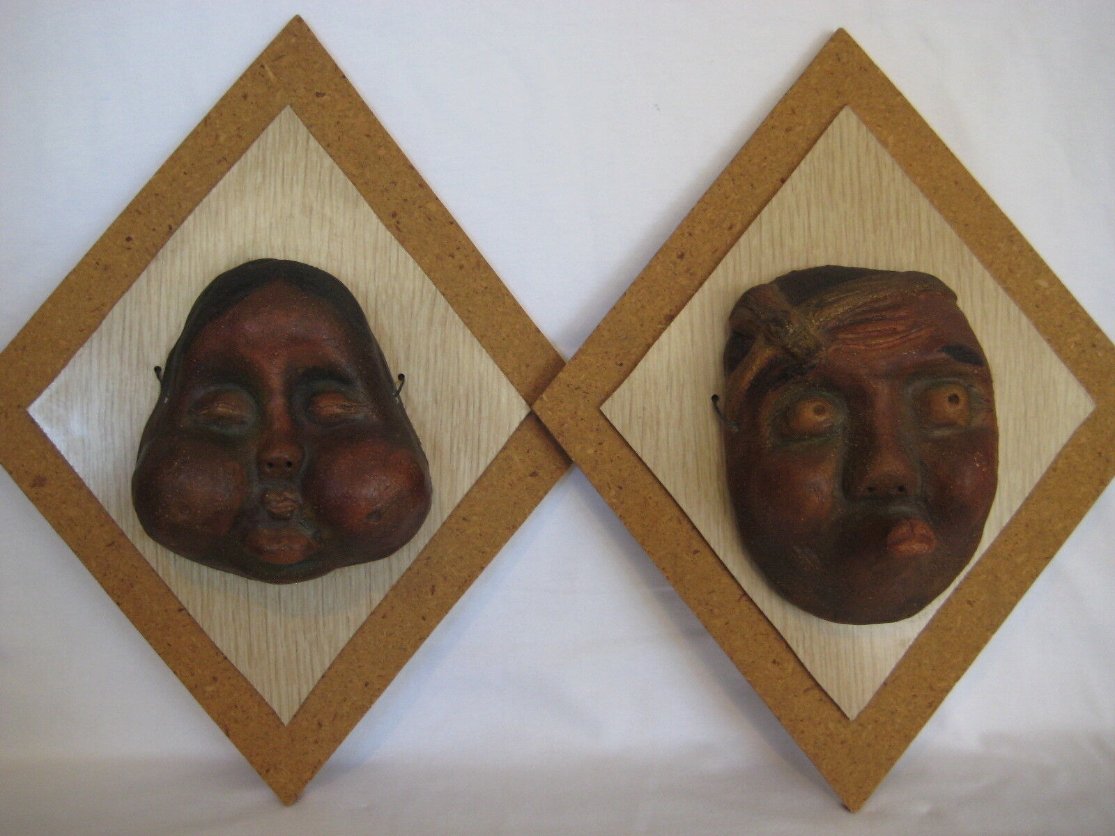 1960 OLD VINTAGE SET OF 2 ART POTTERY JAPANESE DECORATIVE MASKS BY ROY HATANAKA