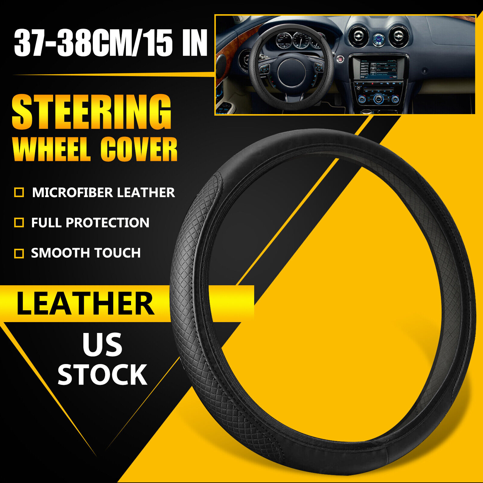 Universal Car Steering Wheel Cover Accessories Black Leather Non-slip 15