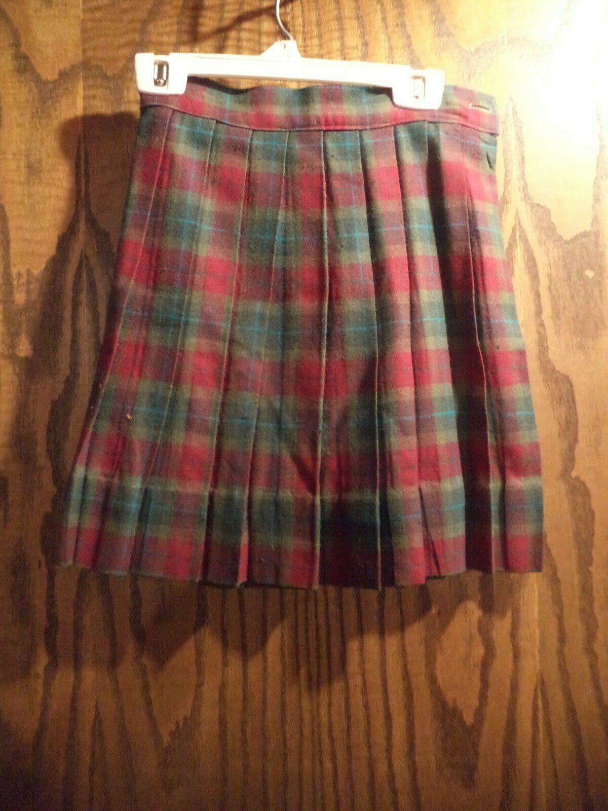 VINTAGE OLD GIRLS WOOL OR WOOL BLEND PLUM & OLIVE PLAID SKIRT PROBABLY HOMEMADE