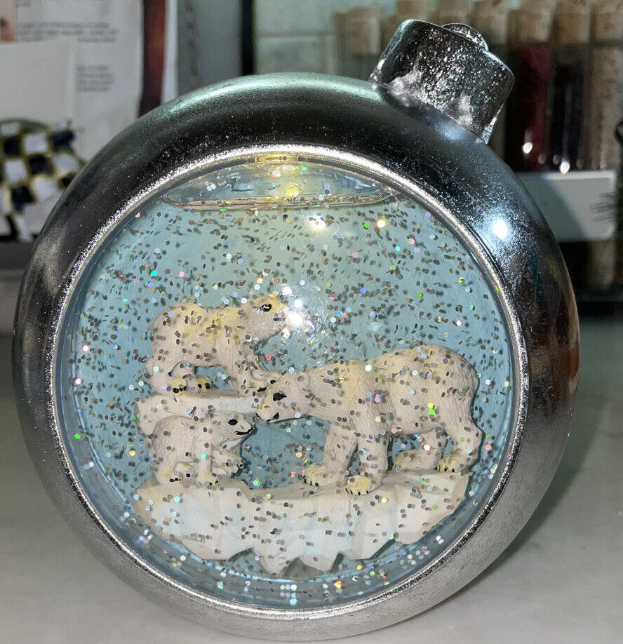 Silver & Turquoise Musical Lighted Waterglobe Snow Globe Polar Bears