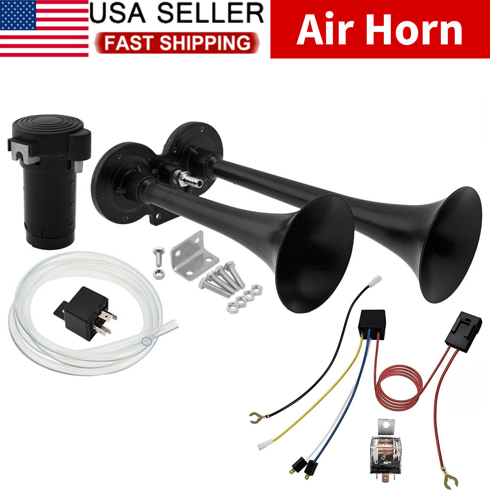 Super Loud Dual Trumpet Train Air Horn 12V System Kit For Car/Truck/Boat Speaker