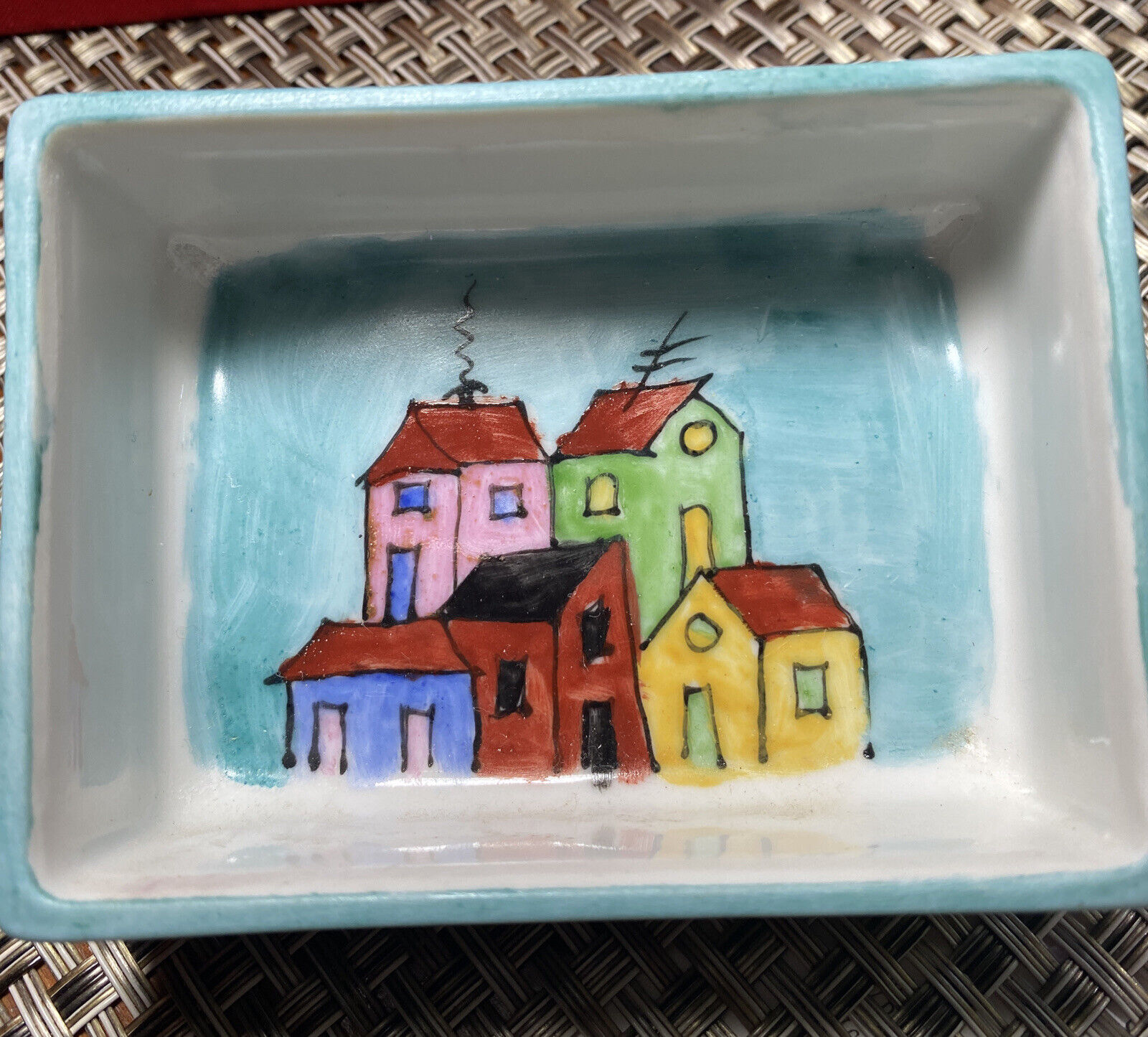 Vintage Aqua Trinket Dish Hand-Painted Houses Rio de Janeiro Collectible MCM
