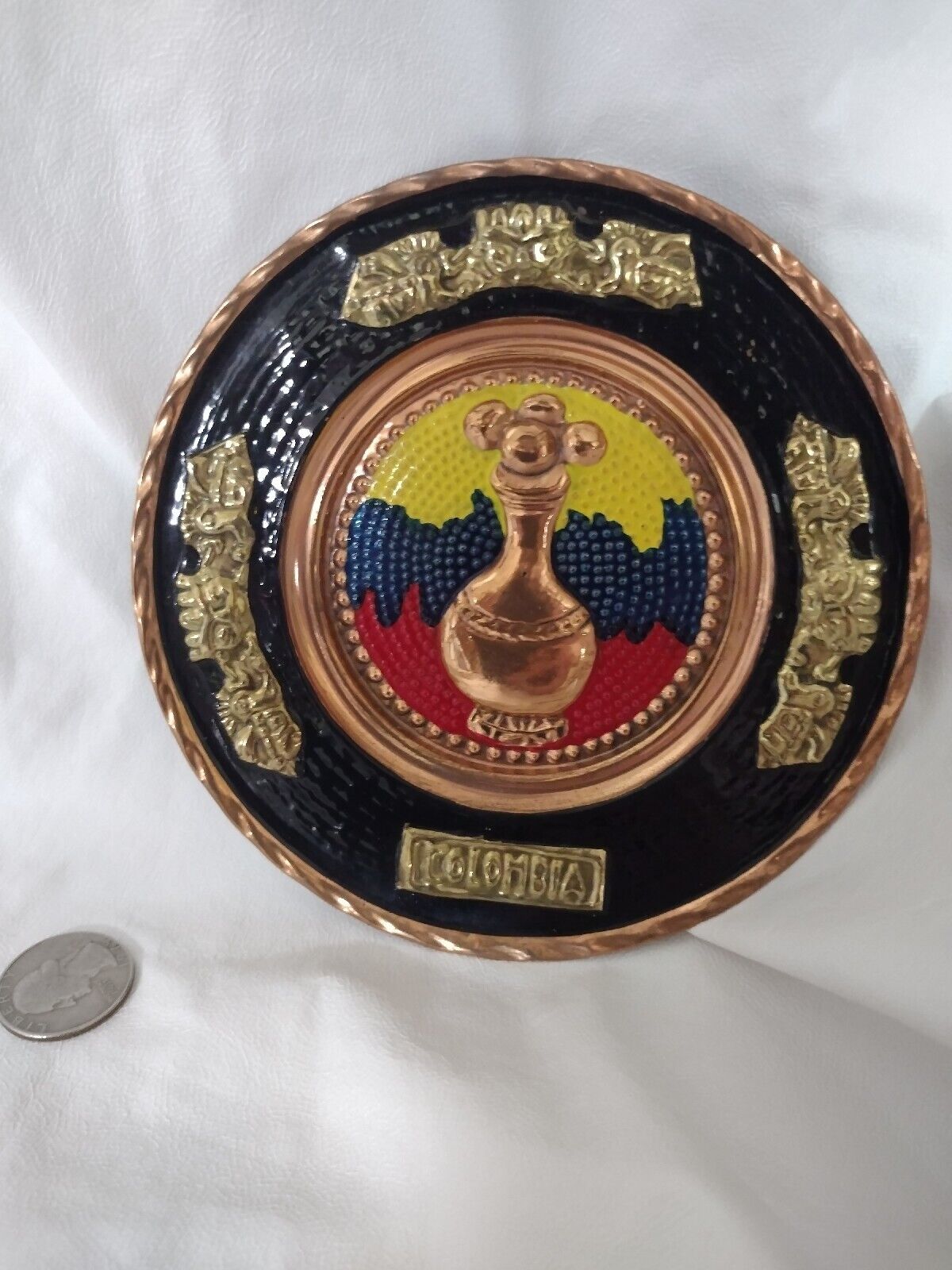 Vintage Hammered Metal Colombia Souvenir Tray, Small, Hanging Decor Multicolored