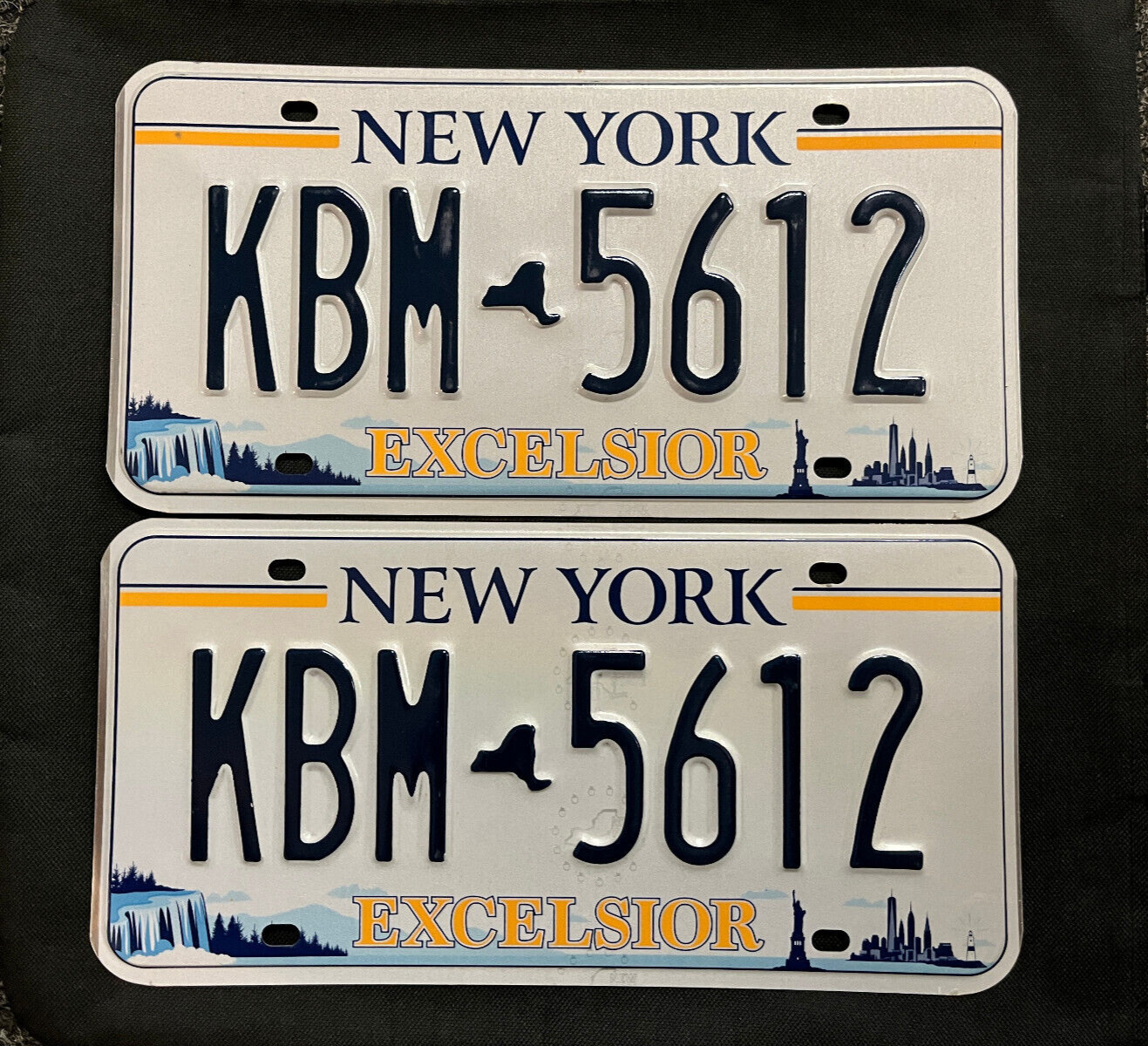 New York License Plate Pair KBM-5612 NIAGARA FALLS, MAP, LADY LIBERTY, EXCELSIOR