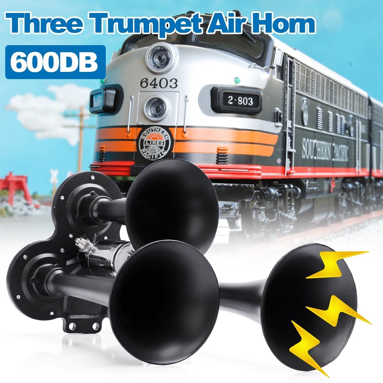 For Train Air Horn 3 Trumpets Kit Truck/car/boat Loud Sound 600DB 12/24V US