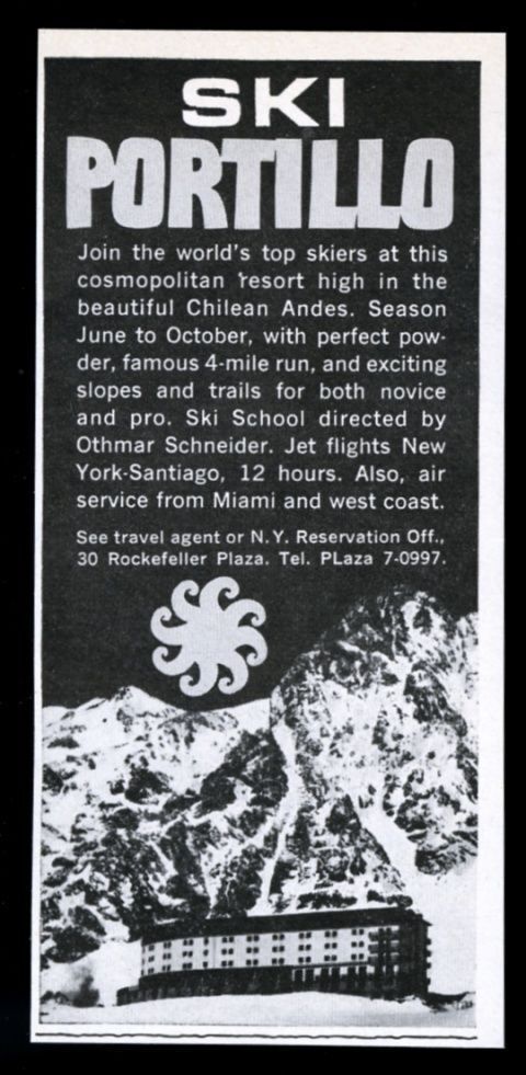 1961 Portillo Chile ski area skiing vintage print ad