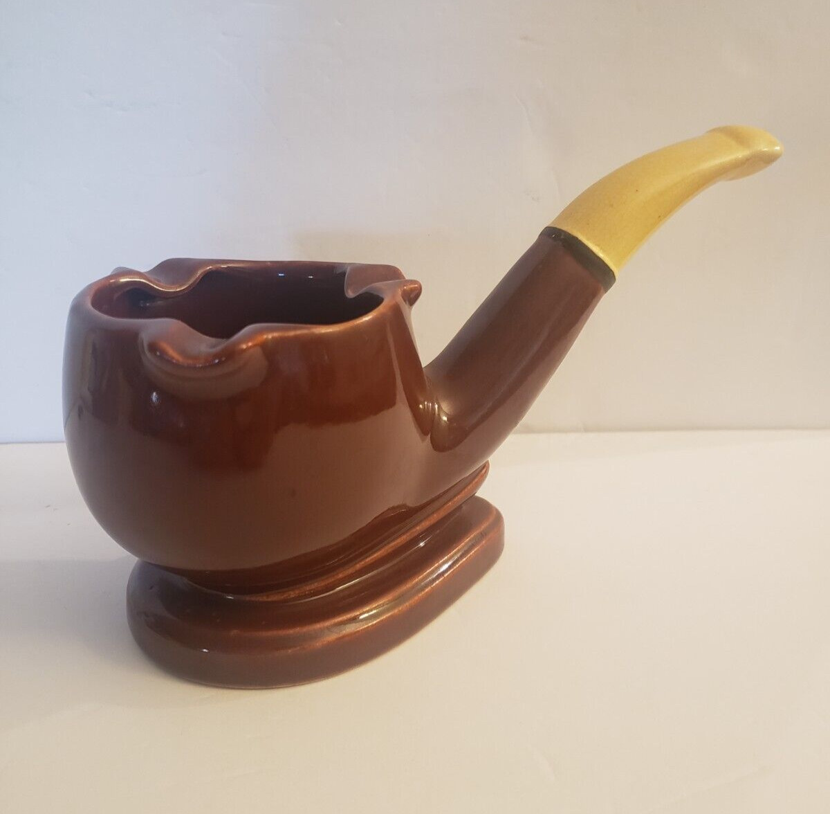 Vintage Ceramic Pipe Shaped Ashtray Tobacciana Brown and Yellow glaze Art