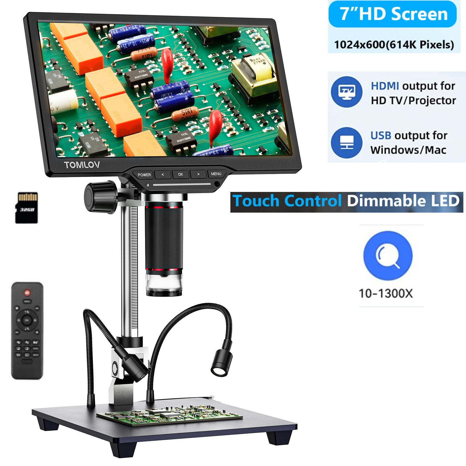TOMLOV HDMI Digital Microscope 1080P 1200X Coin Magnifier soldering scope 32GB
