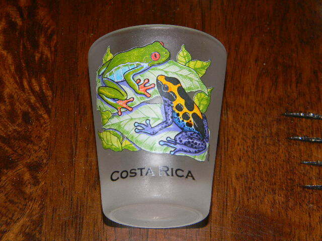 Costa Rica souvenir shot glass -very colorful design- frosted glass- FROG design