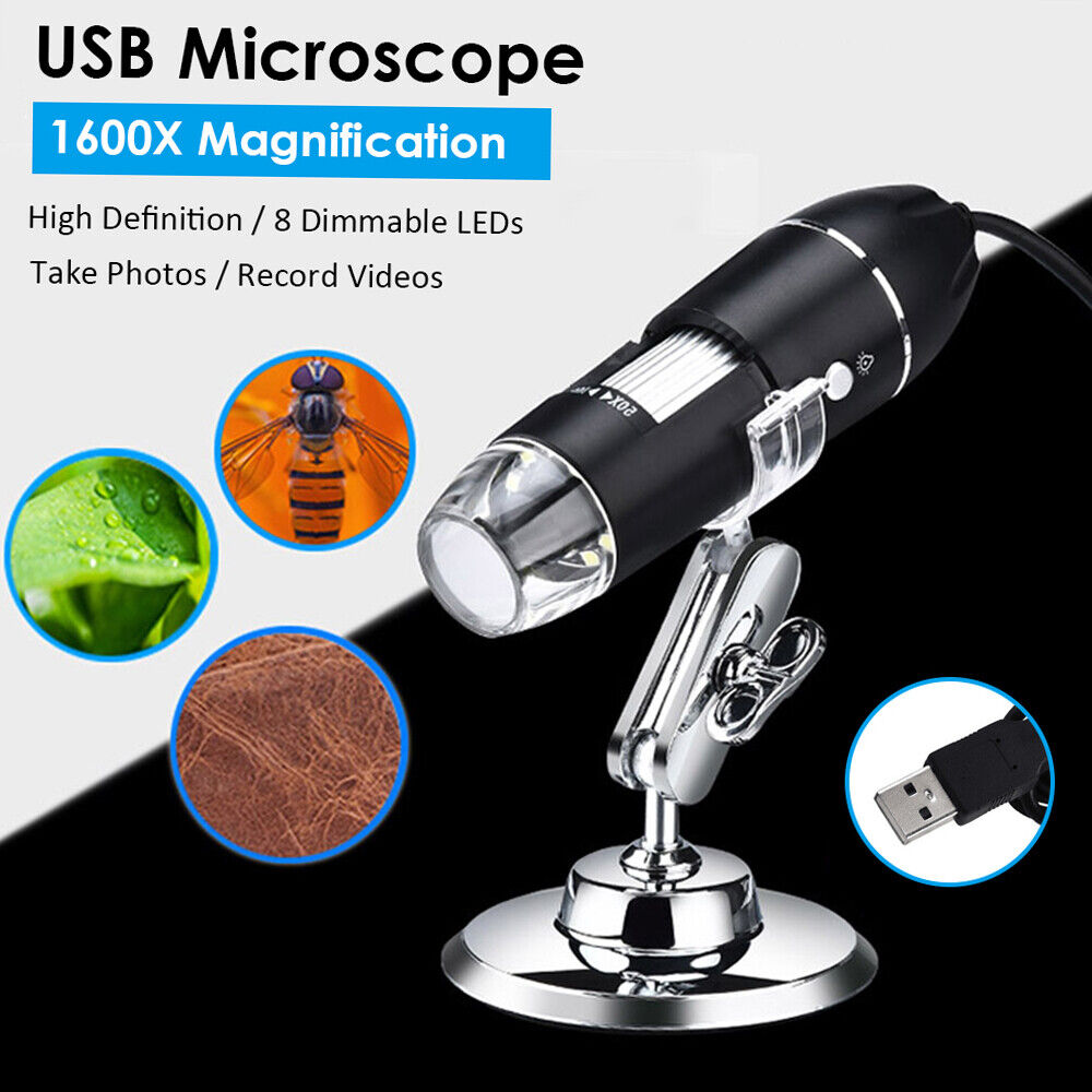 8LED 1600X USB Digital Microscope Magnifier Camera 1080P w/ Stand Black L8V2