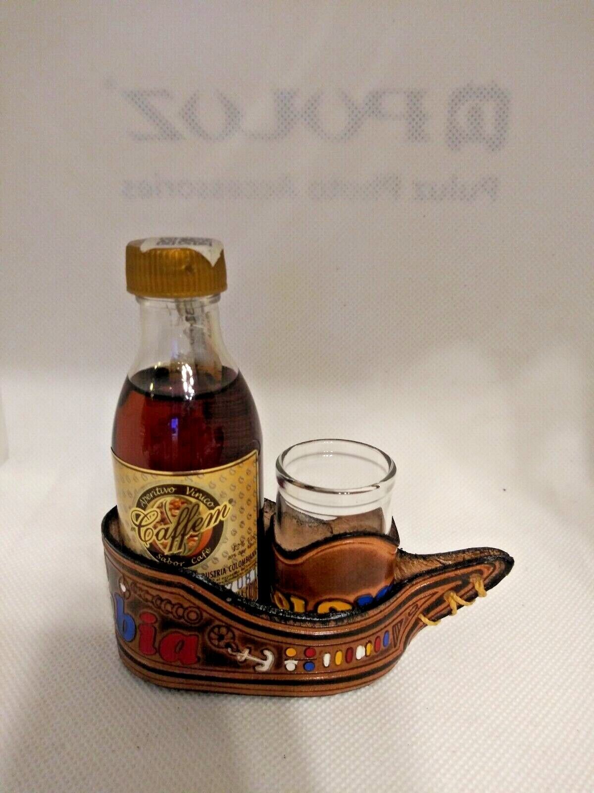Colombian Leather Ship, Bottle , Leather Covered Shot Glass  Hand Made