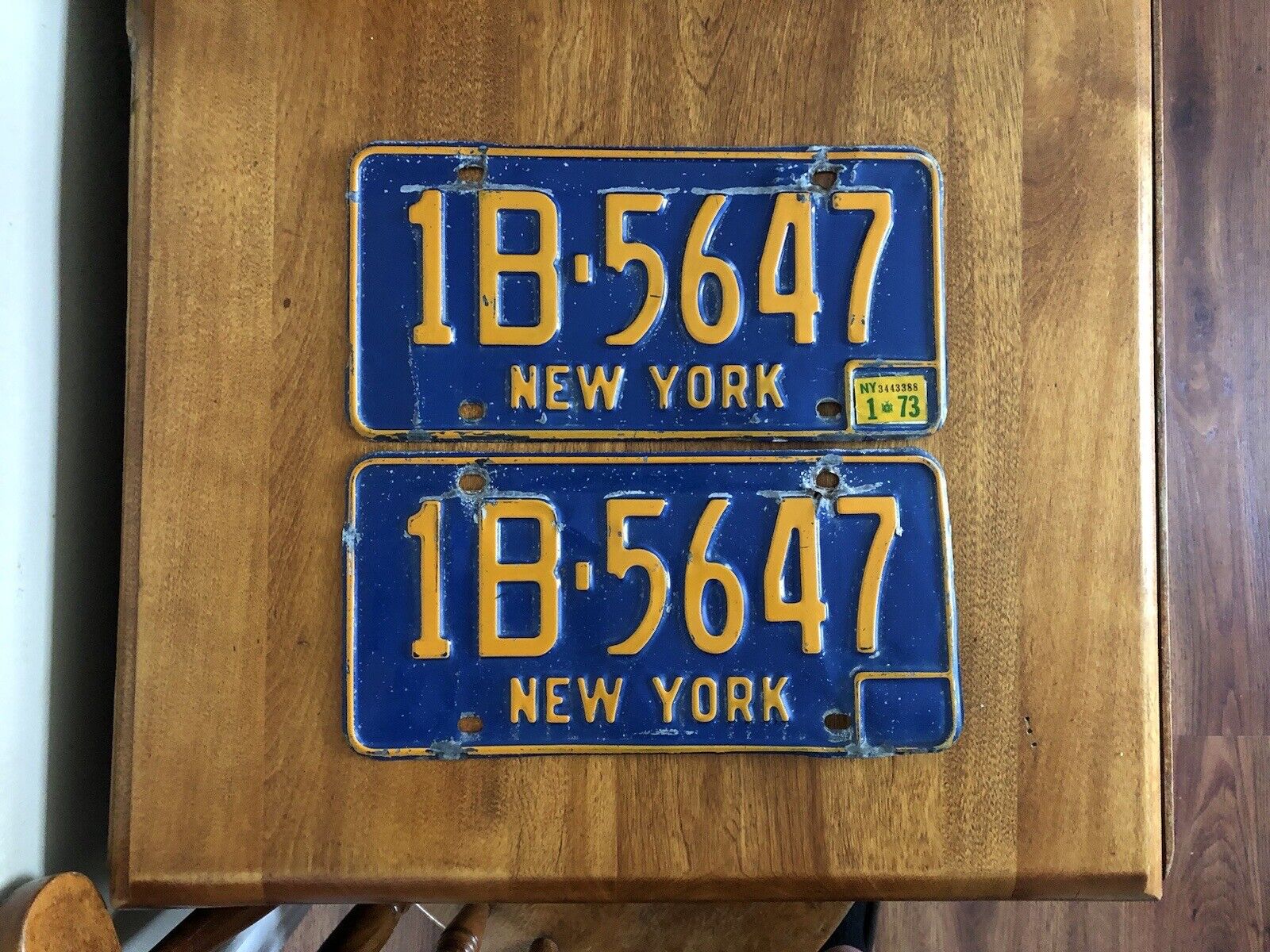 VTG. 1966-73 New York license plate tag Set 1B-5647 NYS  DMV CLEAR  PLYMOUTH AMC