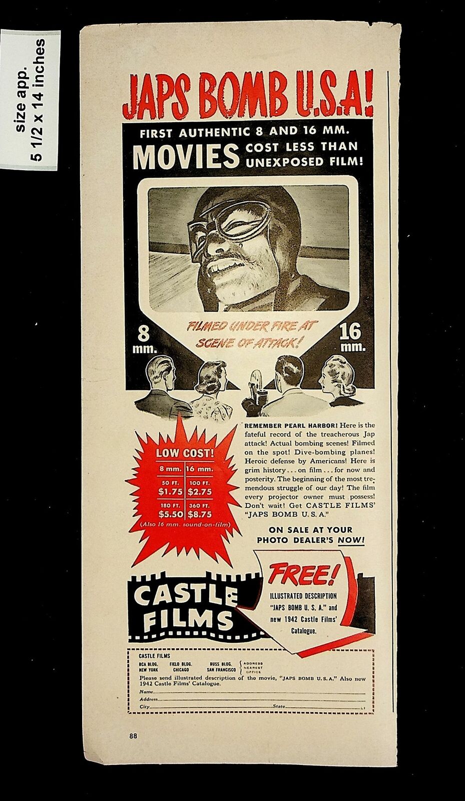 1942 Castle Films Japs Bomb USA Vintage Print Ad 015906