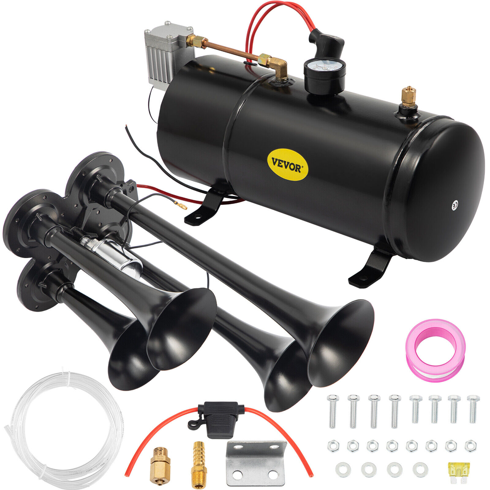 VEVOR 4 Trumpet Air Horn 12V Compressor Kit Blue Tank Gauge for Car Train Truck