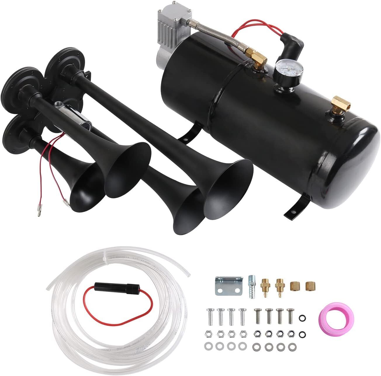 4 Trumpet Air Horn 12V Compressor Kit Tank Gauge for Car Train Truck Horns Kit