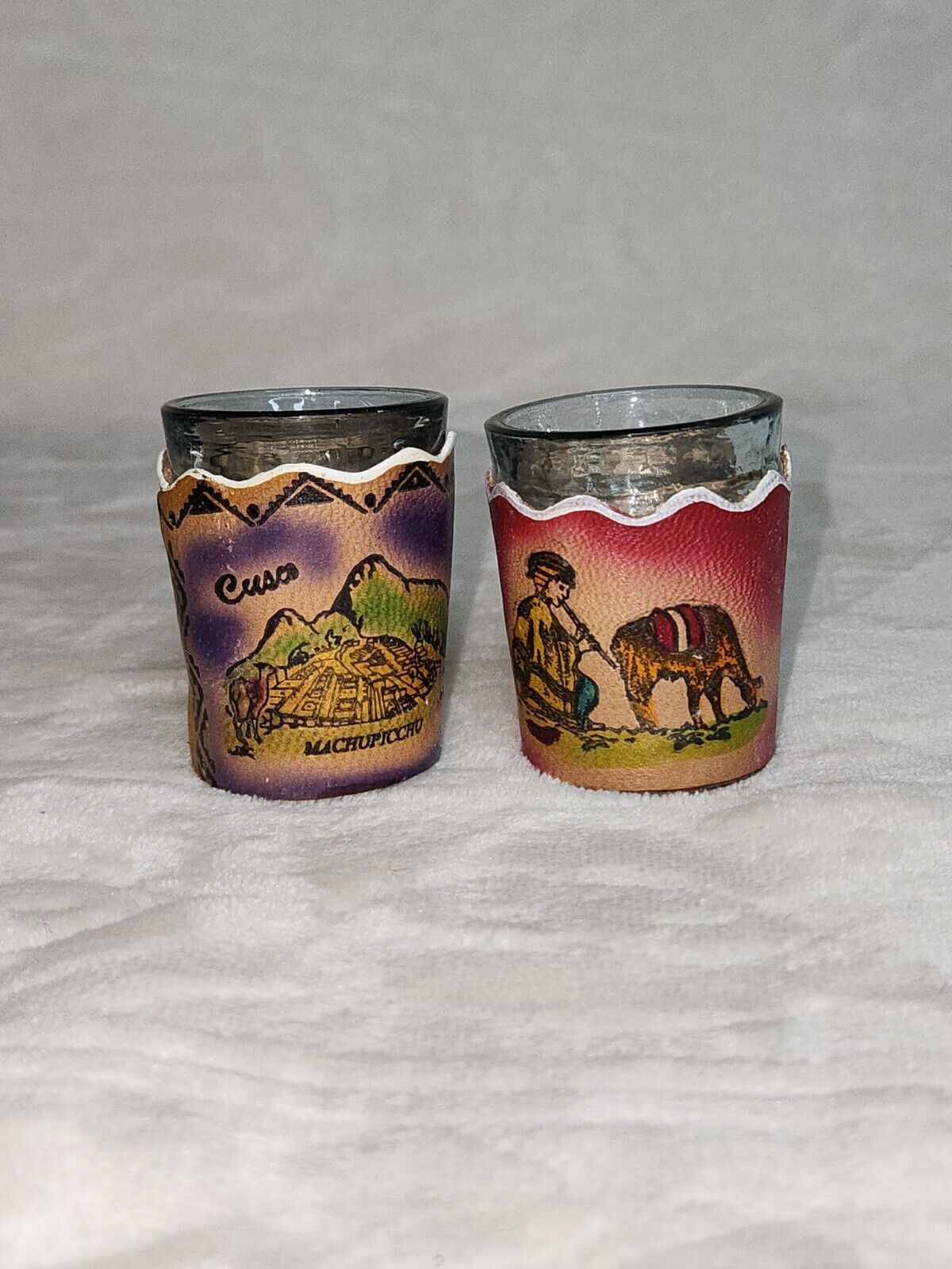 Set Of 2 Artisan PERU Cusco Shot Glasses Leather Covers Machu Picchu