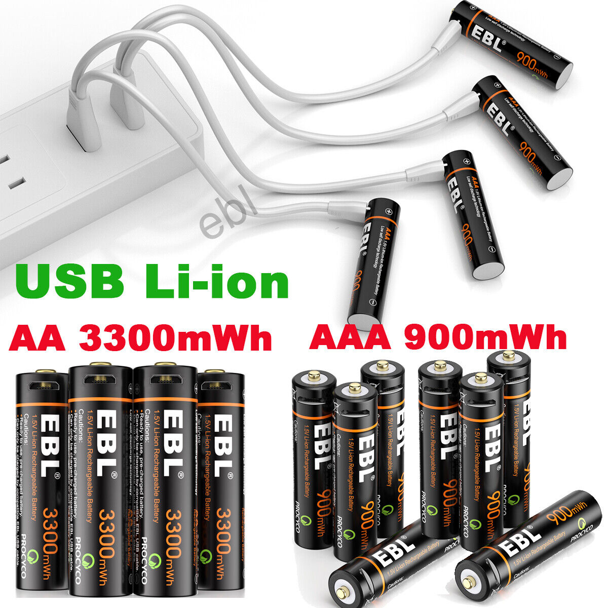 AA AAA Lithium Rechargeable 1.5V Batteries USB Li-ion Battery 900/3300mWh Lot