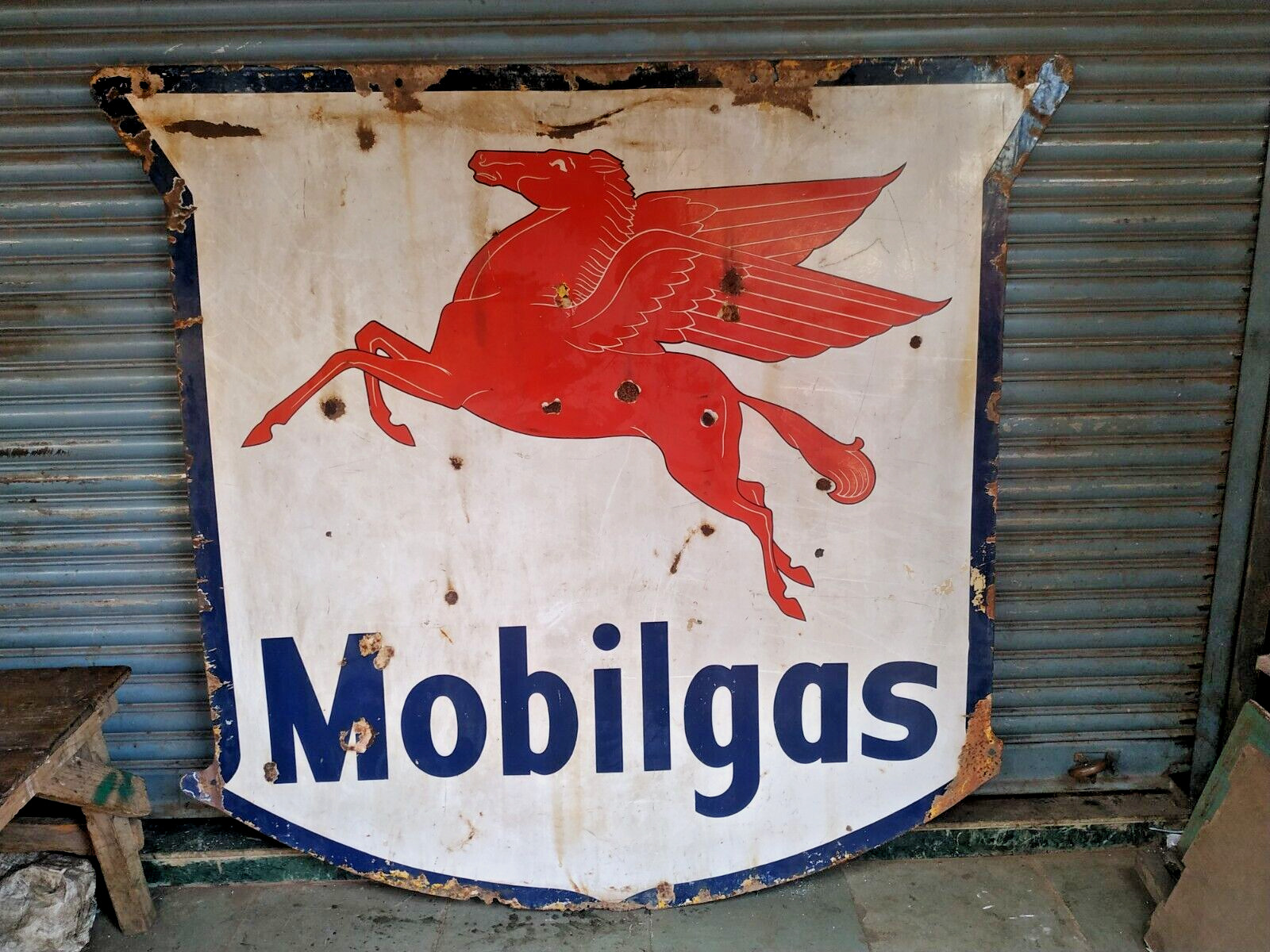 VINTAGE OLD ORIGINAL PORCELAIN ENAMEL SIGN MOBIL GAS PETROL STATION HUGE 67 X 72