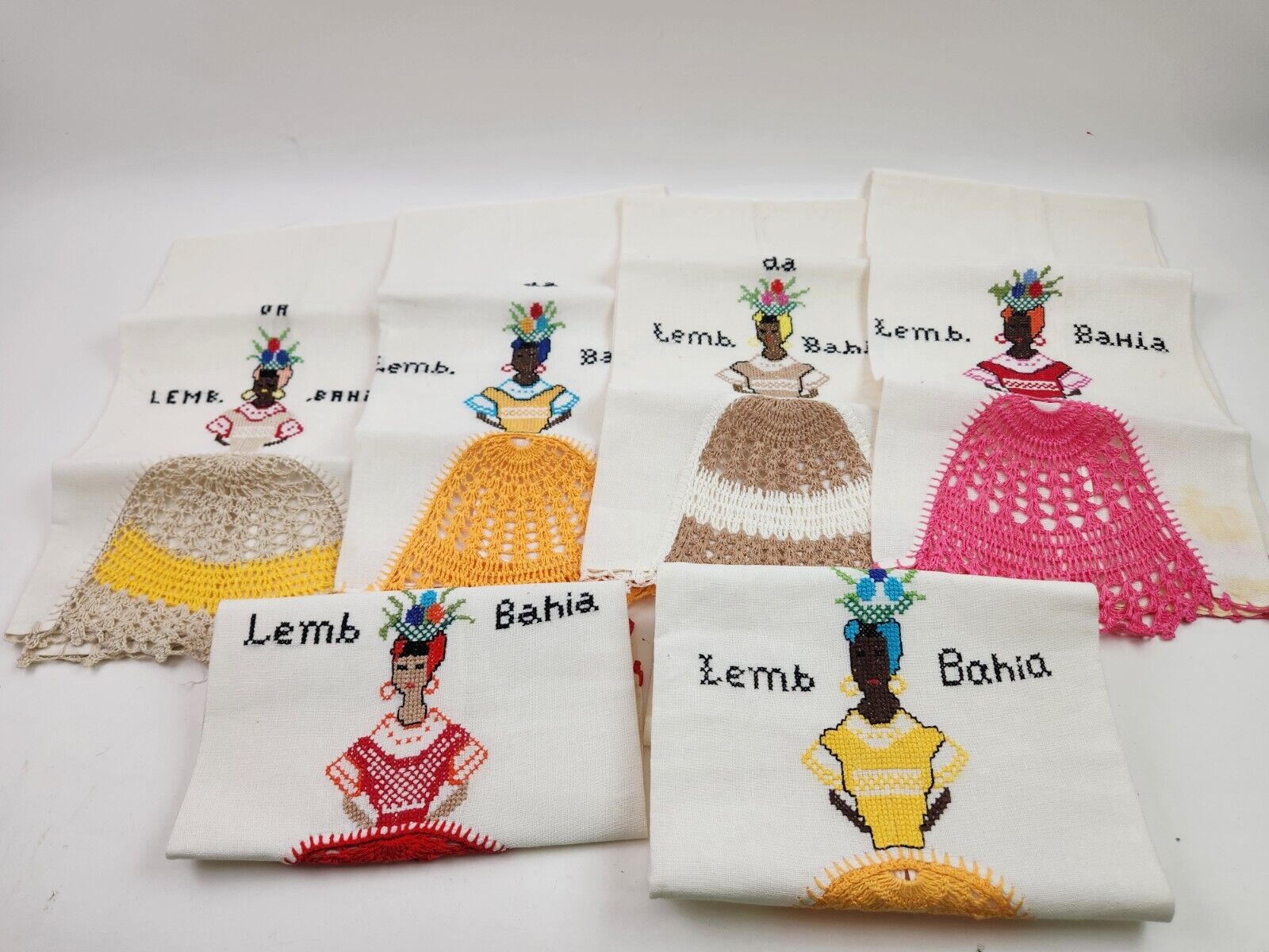 6 Brazil Embroidered Kitchen Towel Lemb da Bahia Carnival Crochet Cross Stitch