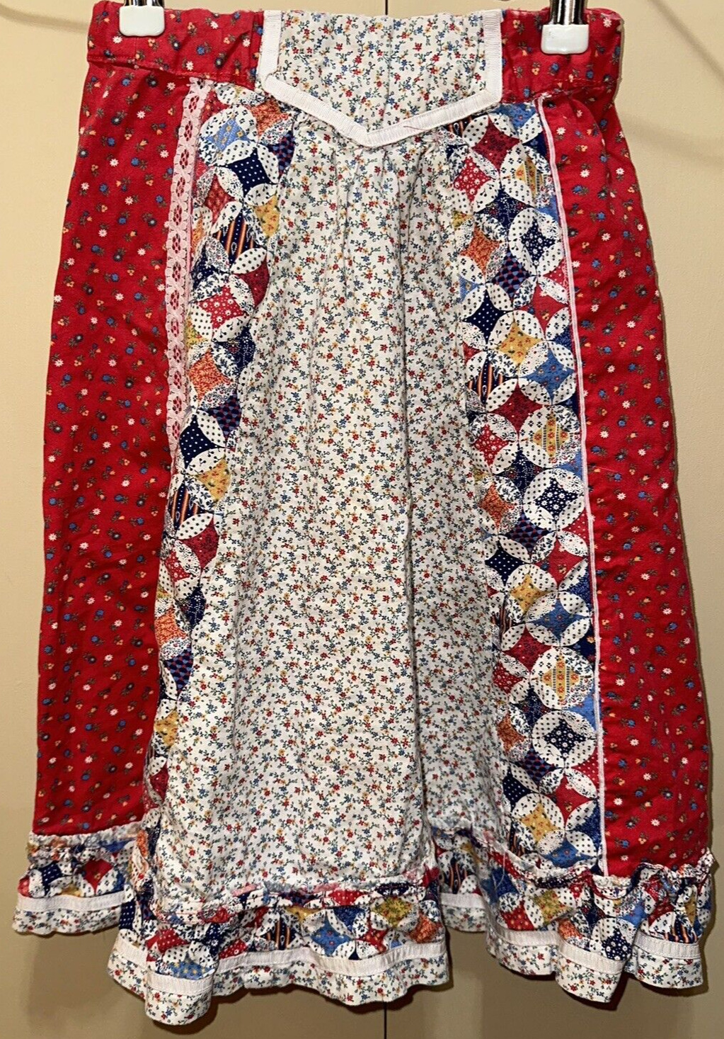 Vintage Handmade Girls Skirt Red Cottage Core Patchwork Long Ruffled Trim d14