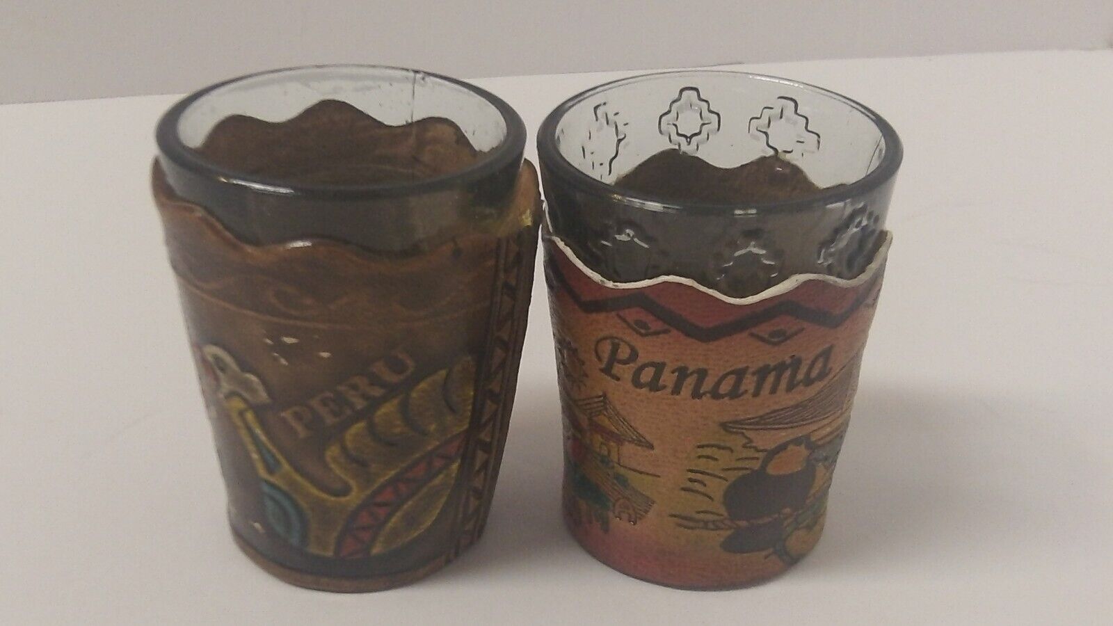Set Of 2 PERU  and Panam cusco Shot Glass Leather Covers + 2 shot glasses