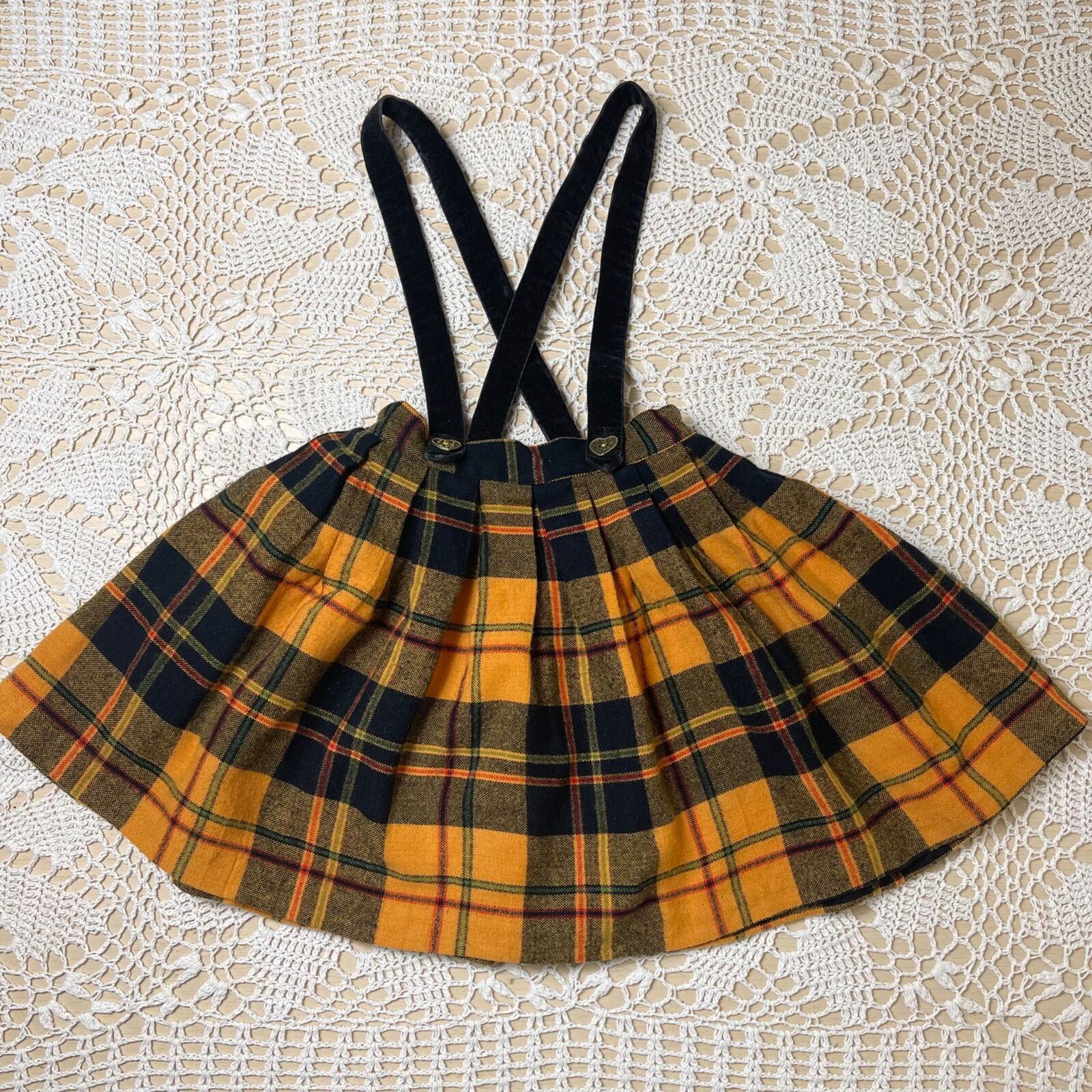 Vintage 1980s Girls 5 Years Mustard Yellow Plaid Twirly Preppy Suspender Skirt