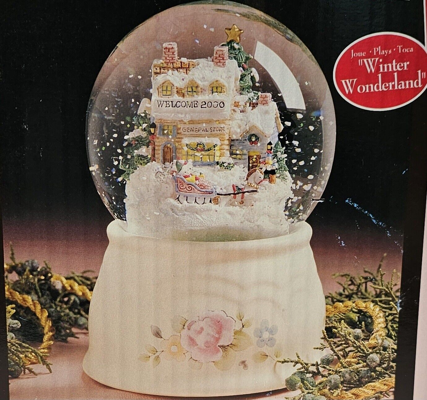 VTG RETIRED PFALTZGRAFF Perennials Tea Rose Holiday Snow Globe Musical with Box