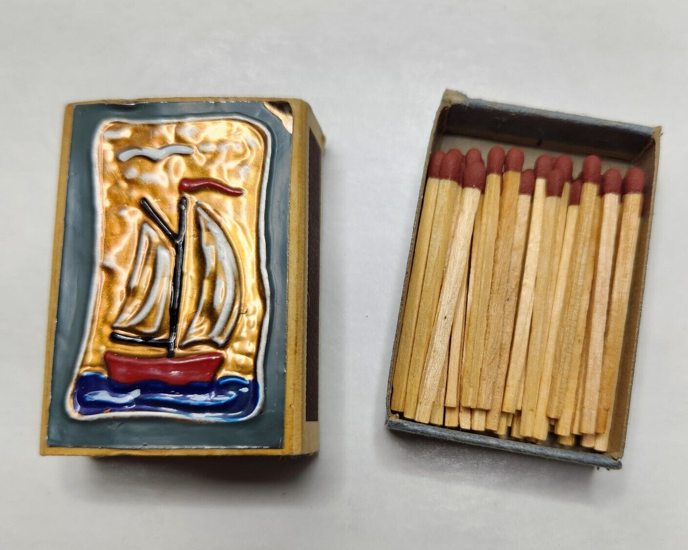 Vintage Matchbox Puerto Montt Chile  SAILBOAT EMBOSSED Metal w Matches *READ*