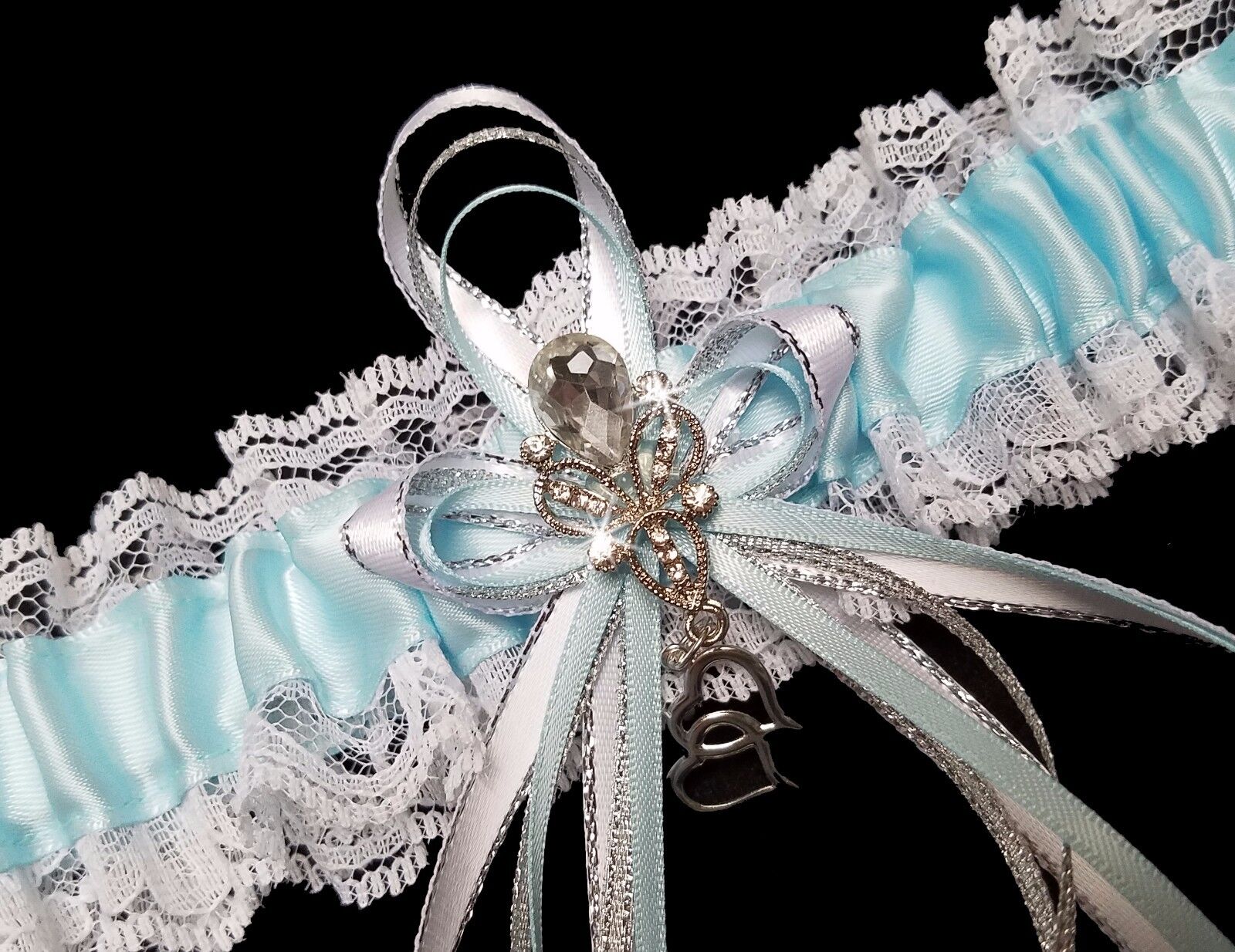 Light Blue Satin and White Lace Wedding Prom Bridal Garter Belt with Rhinestones
