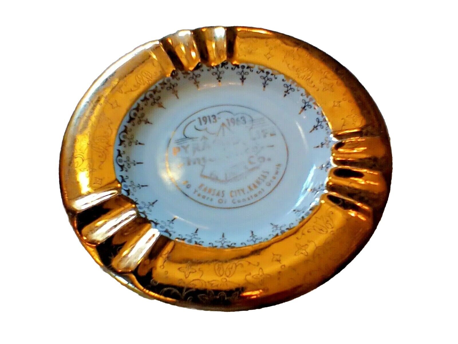 VINTAGE PYRAMID LIFE INSURANCE KANSAS GOLD PORCELAIN ASHTRAY SABINA LINE  22K 6