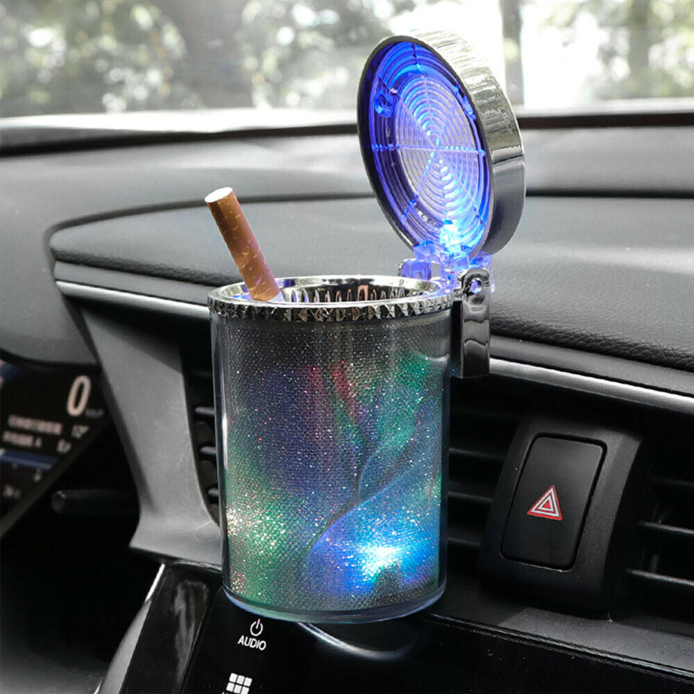 LED Light Car Ashtray w/Lid Portable Travel Cigarette Cylinder Holder Cup USA