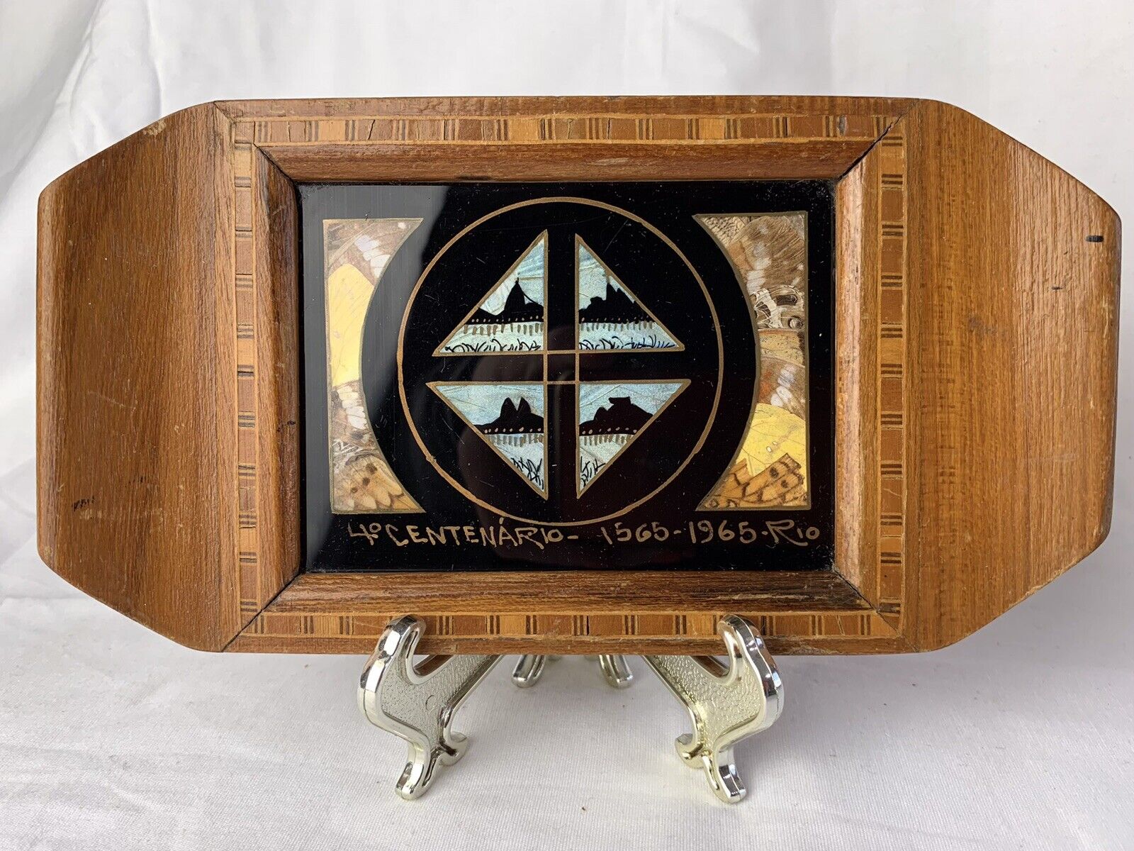 Vintage 1965 Rio de Janieiro 4th Century Celebration Mini Wood Tray w/Butterfly
