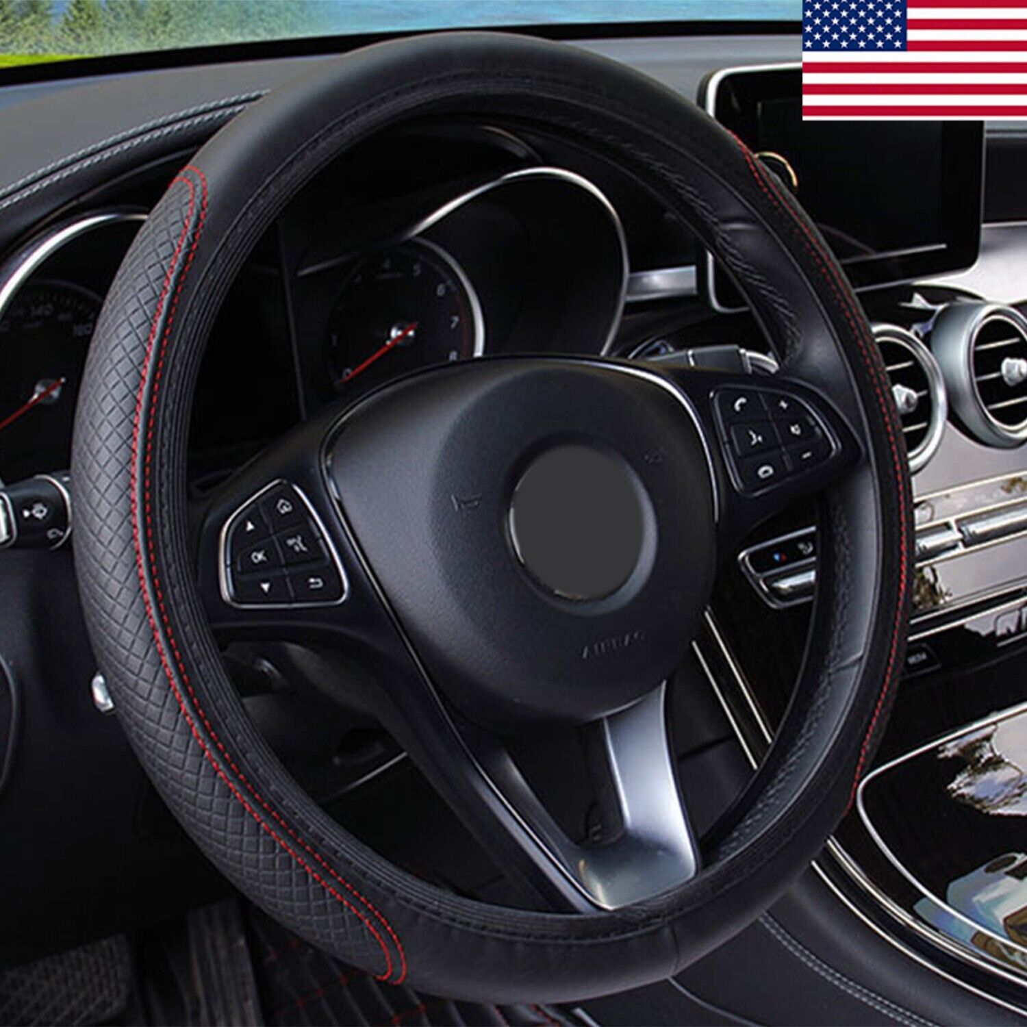 Black Leather Car Steering Wheel Cover Breathable Anti-slip Car Accessories US