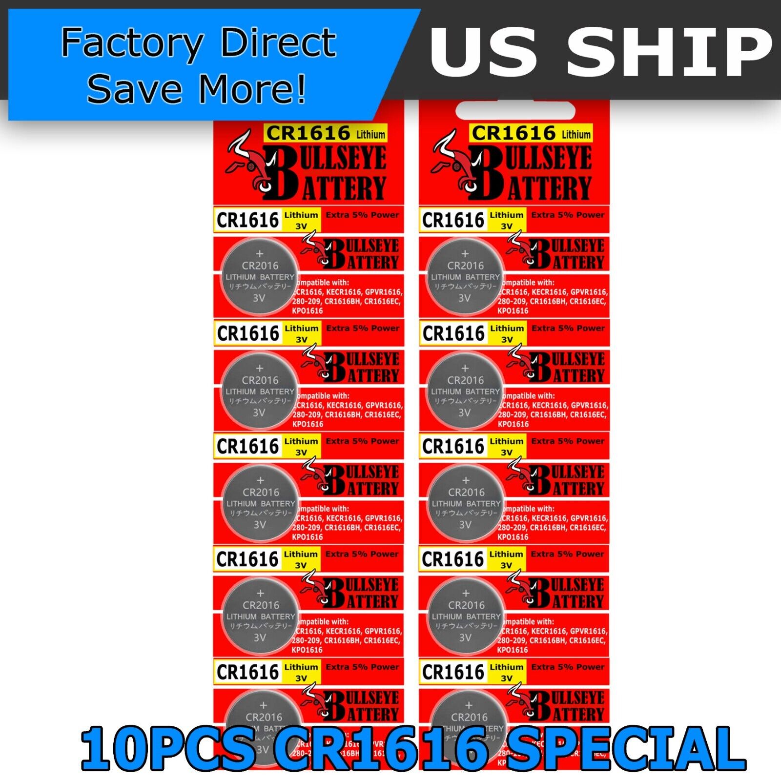 NEW 10X  BULL'S EYE CR1616 Lithium Button Cell Watch Battery ECR1616 EXP 2032